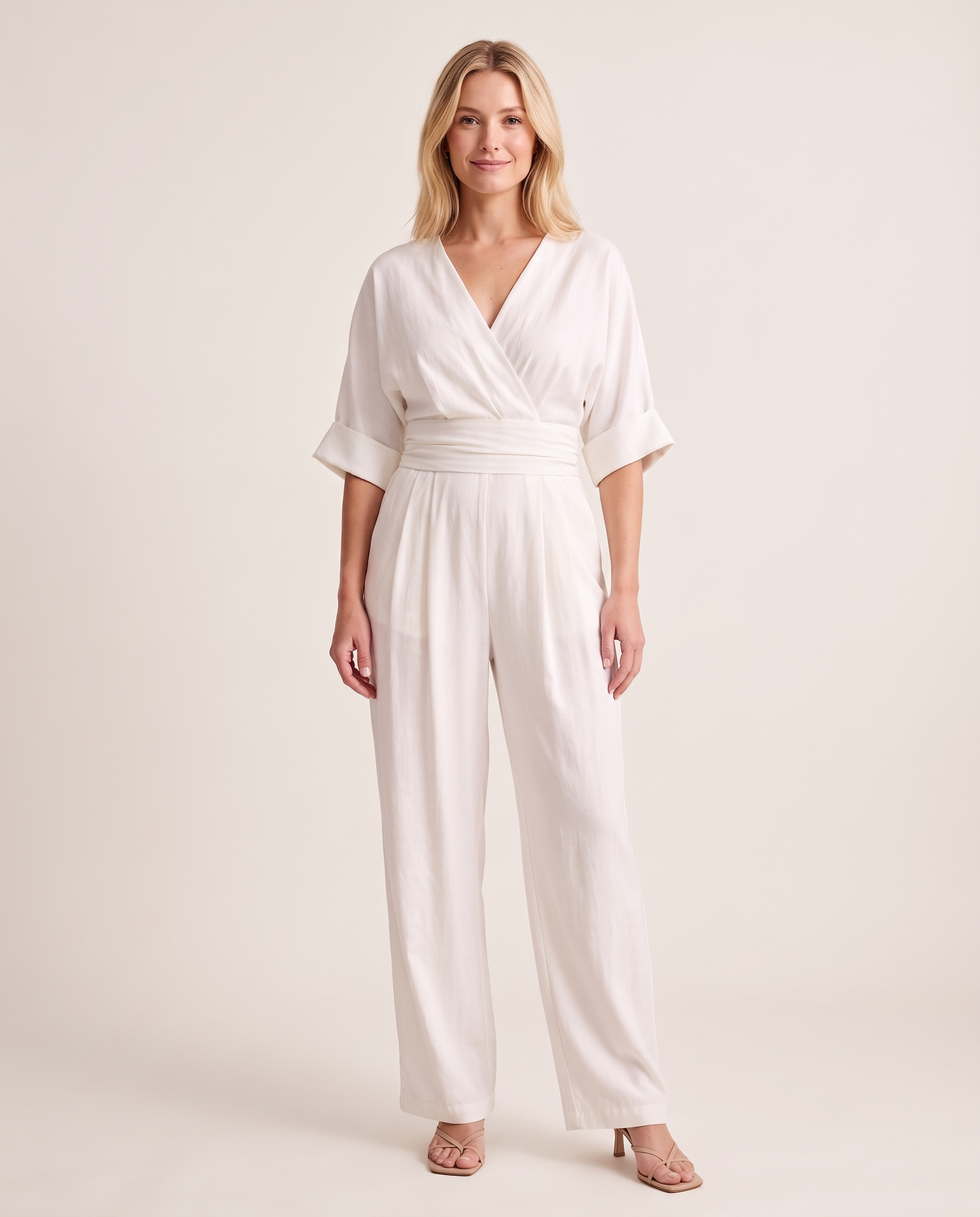 Surplice V Neck Wide Leg Jumpsuit — front studio view
