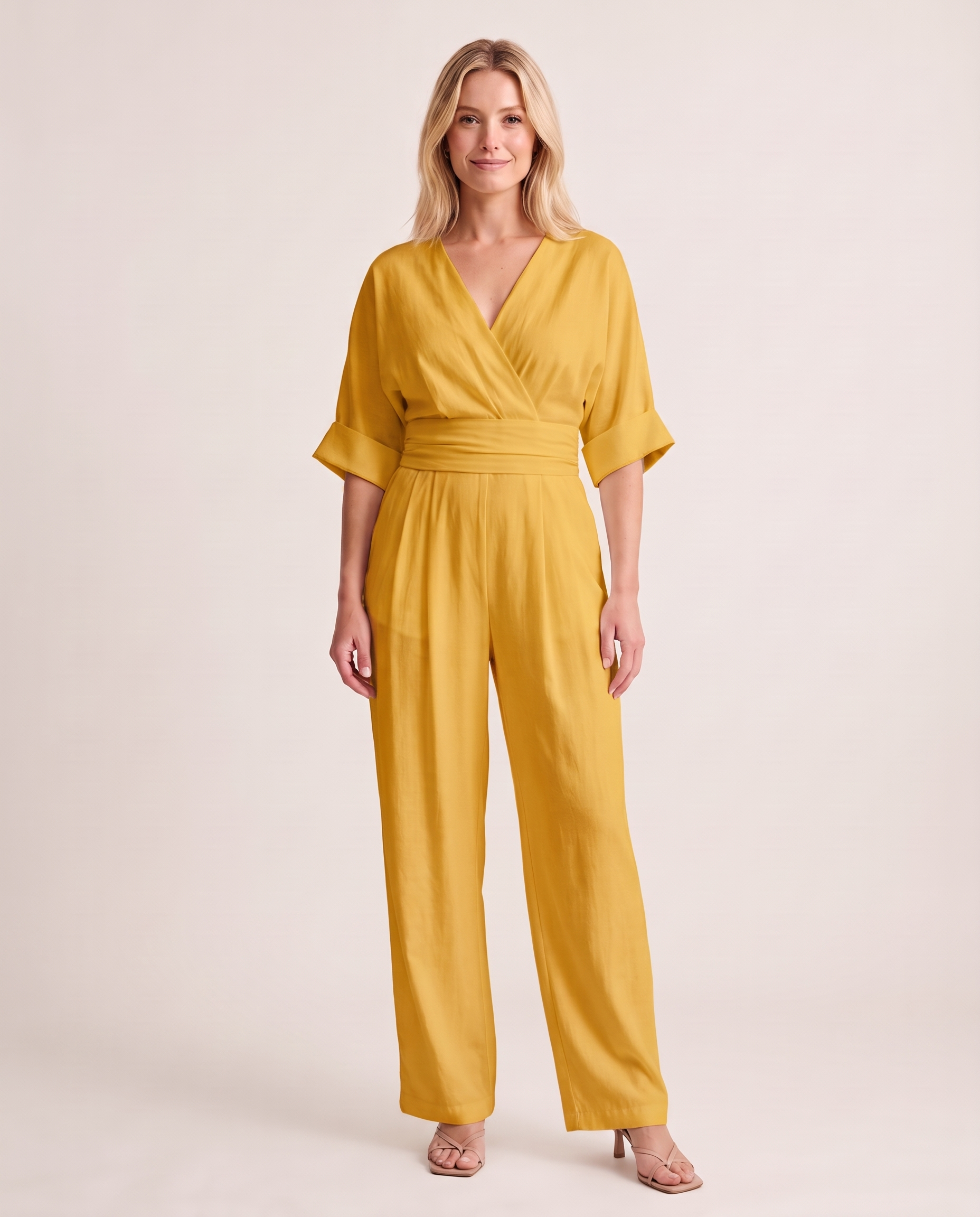 Surplice V Neck Wide Leg Jumpsuit — colour