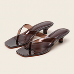 Brown square toe thong kitten heel sandals, matching pair