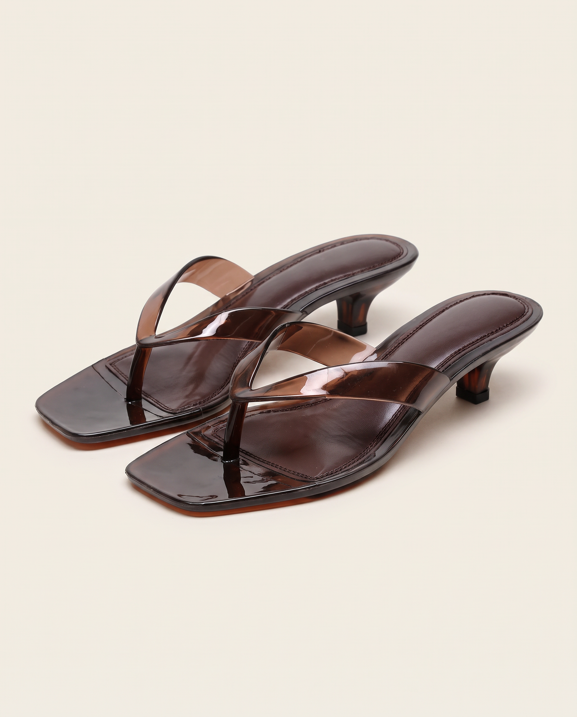 Brown square toe thong kitten heel sandals, matching pair