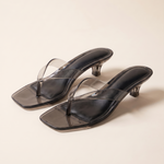 Black square toe thong kitten heel sandals, matching pair