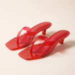 Red square toe thong kitten heel sandals, matching pair