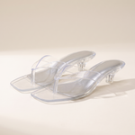 Clear square toe thong kitten heel sandals, matching pair