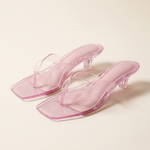 Pale pink translucent square toe thong kitten heel sandals, matching pair
