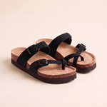 Sienna Toe-Loop Cork-Footbed Sandals — Black — studio front view