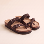 Sienna Toe-Loop Cork-Footbed Sandals — Chocolate — studio front view