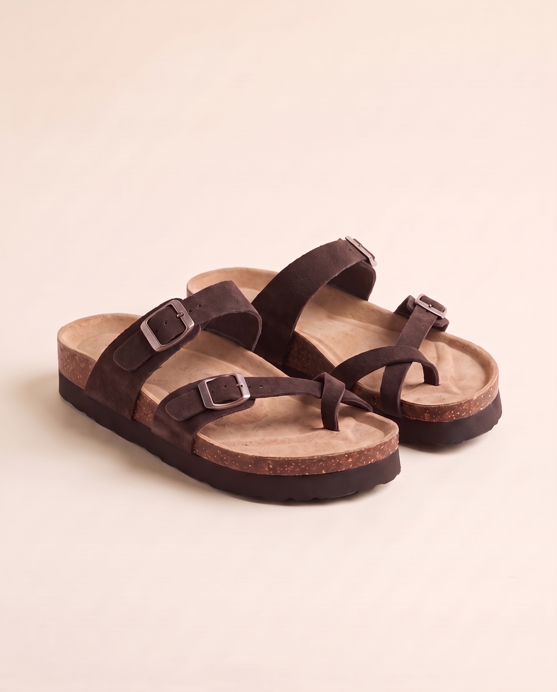 Sienna Toe-Loop Cork-Footbed Sandals — Chocolate — studio front view