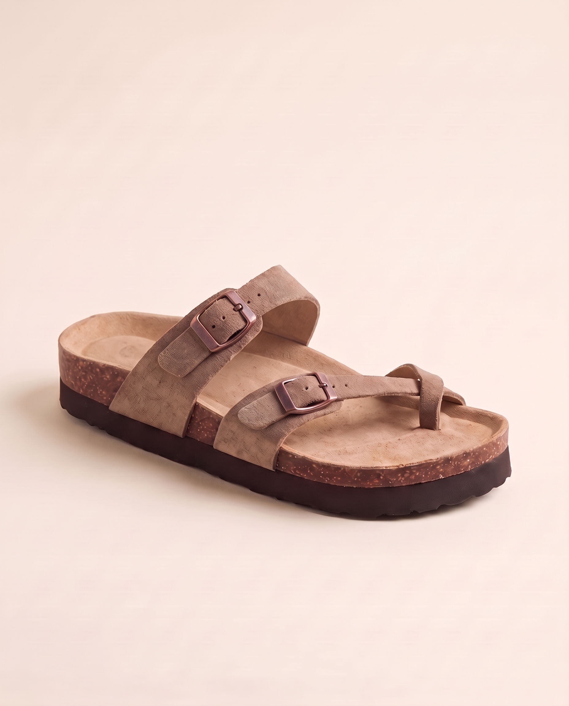Sienna Toe-Loop Cork-Footbed Sandals — Taupe — detail view