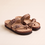 Sienna Toe-Loop Cork-Footbed Sandals — Taupe — studio front view