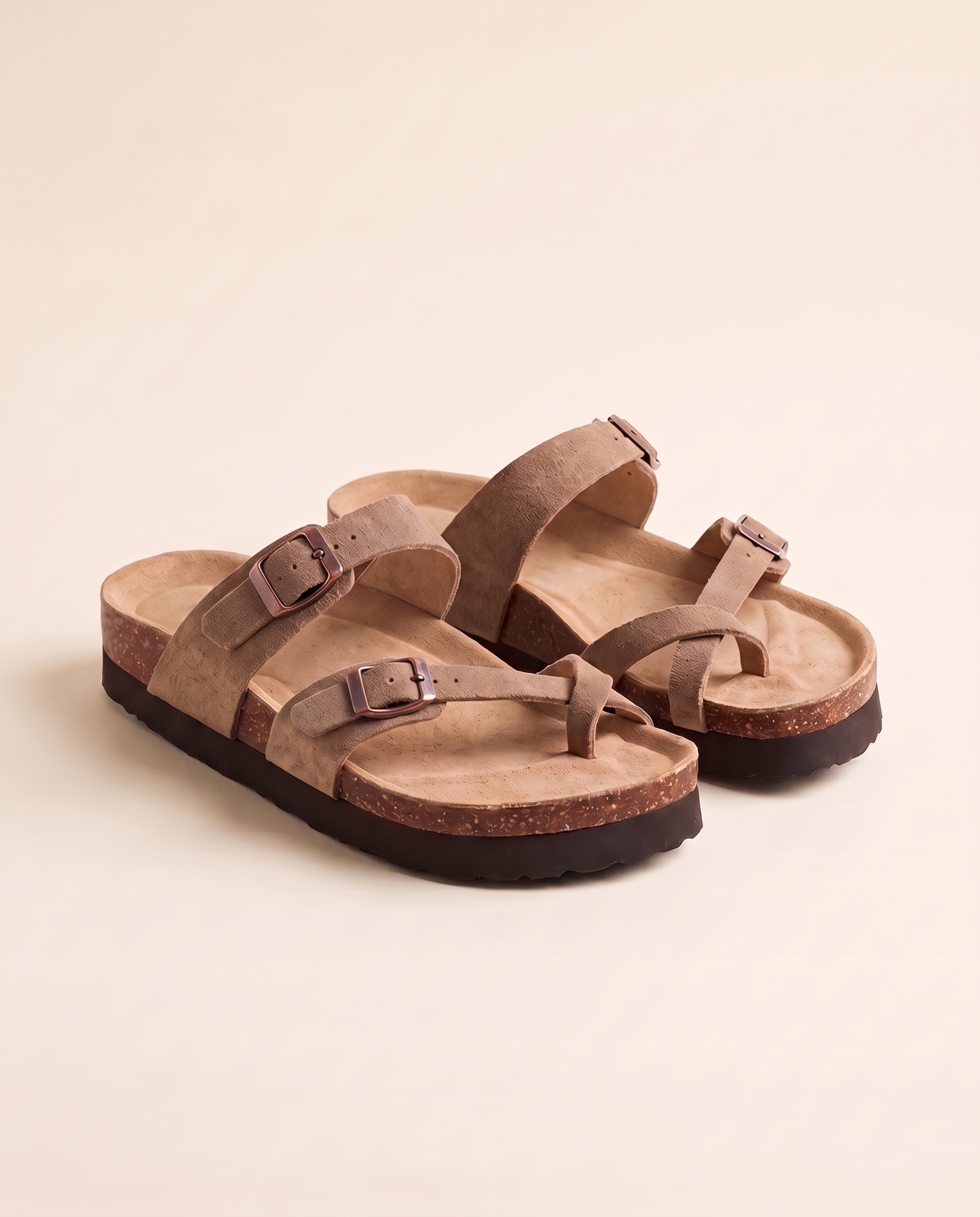 Sienna Toe-Loop Cork-Footbed Sandals — Taupe — studio front view