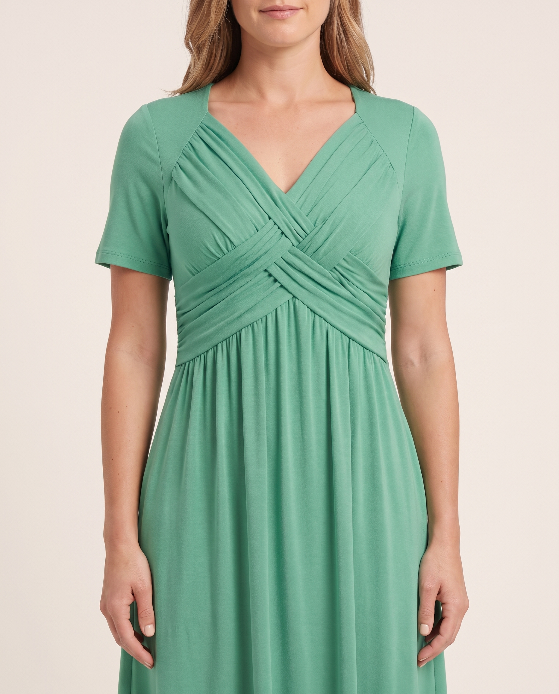 Roisin | Refined Figure-Flattering Dress — Green — fabric detail