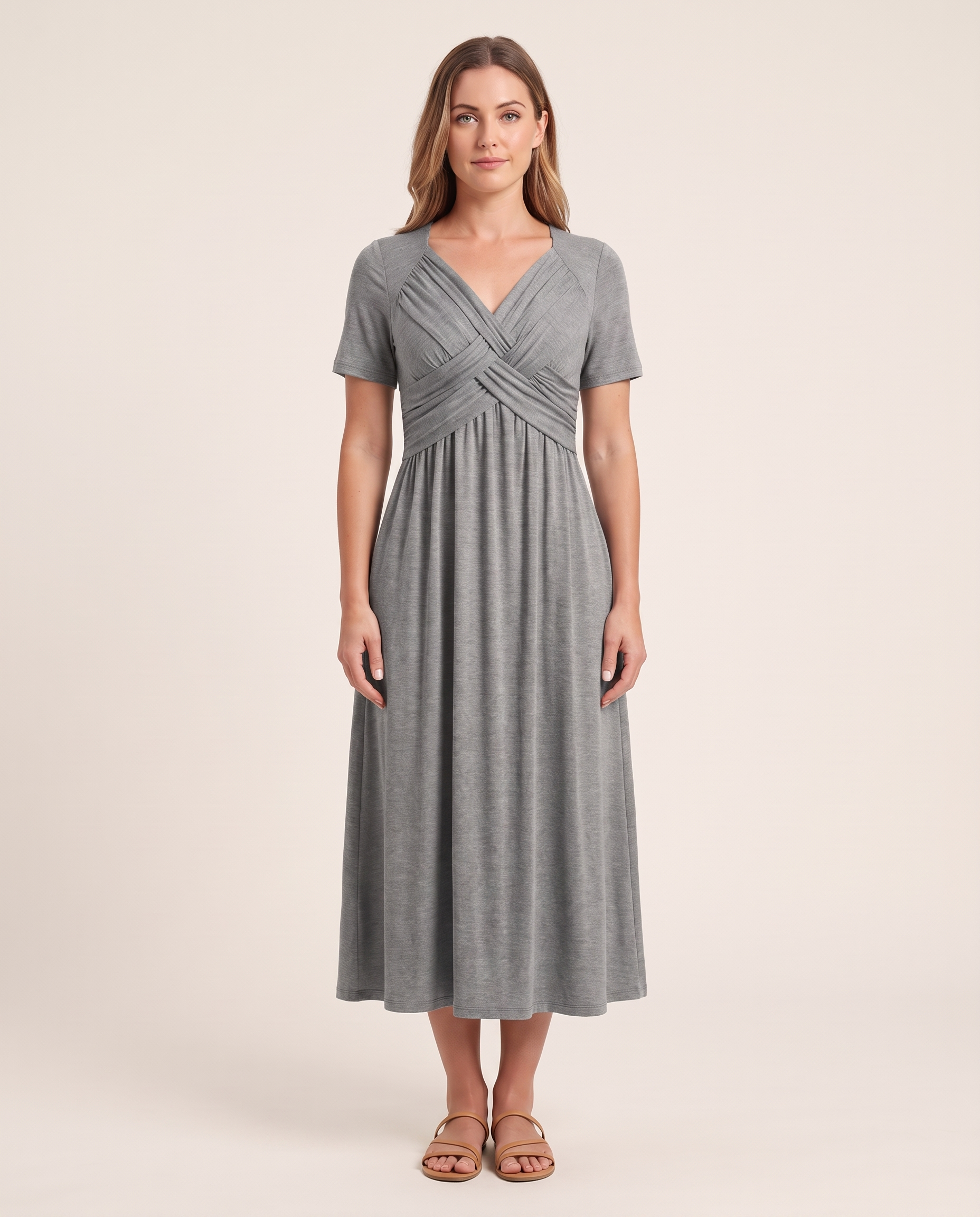 Roisin | Refined Figure-Flattering Dress — Gray — studio front