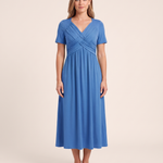 Roisin | Refined Figure-Flattering Dress — Blue — studio front