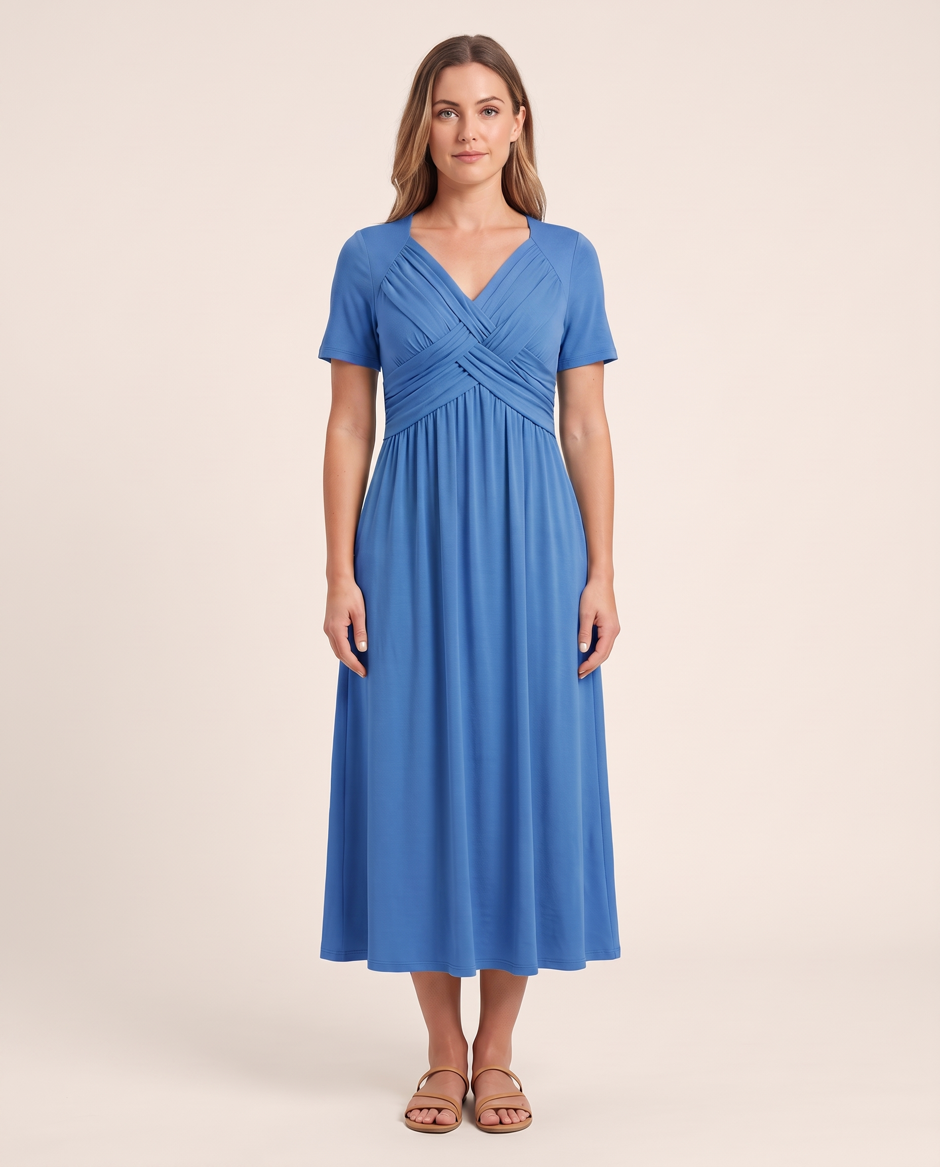Roisin | Refined Figure-Flattering Dress — Blue — studio front