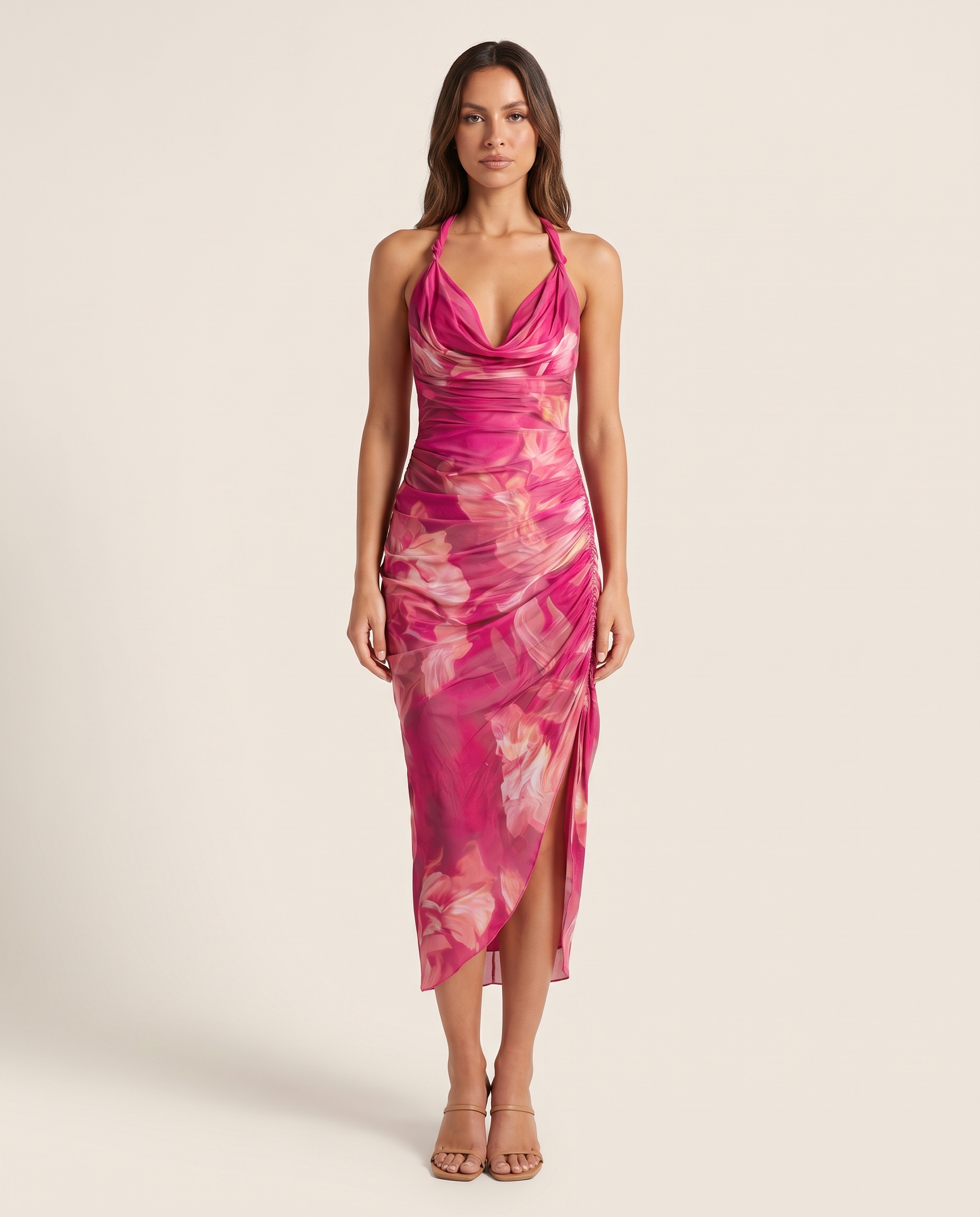 Roxanne | Fuchsia Floral Bodycon Cocktail Dresses — Fuchsia — studio front