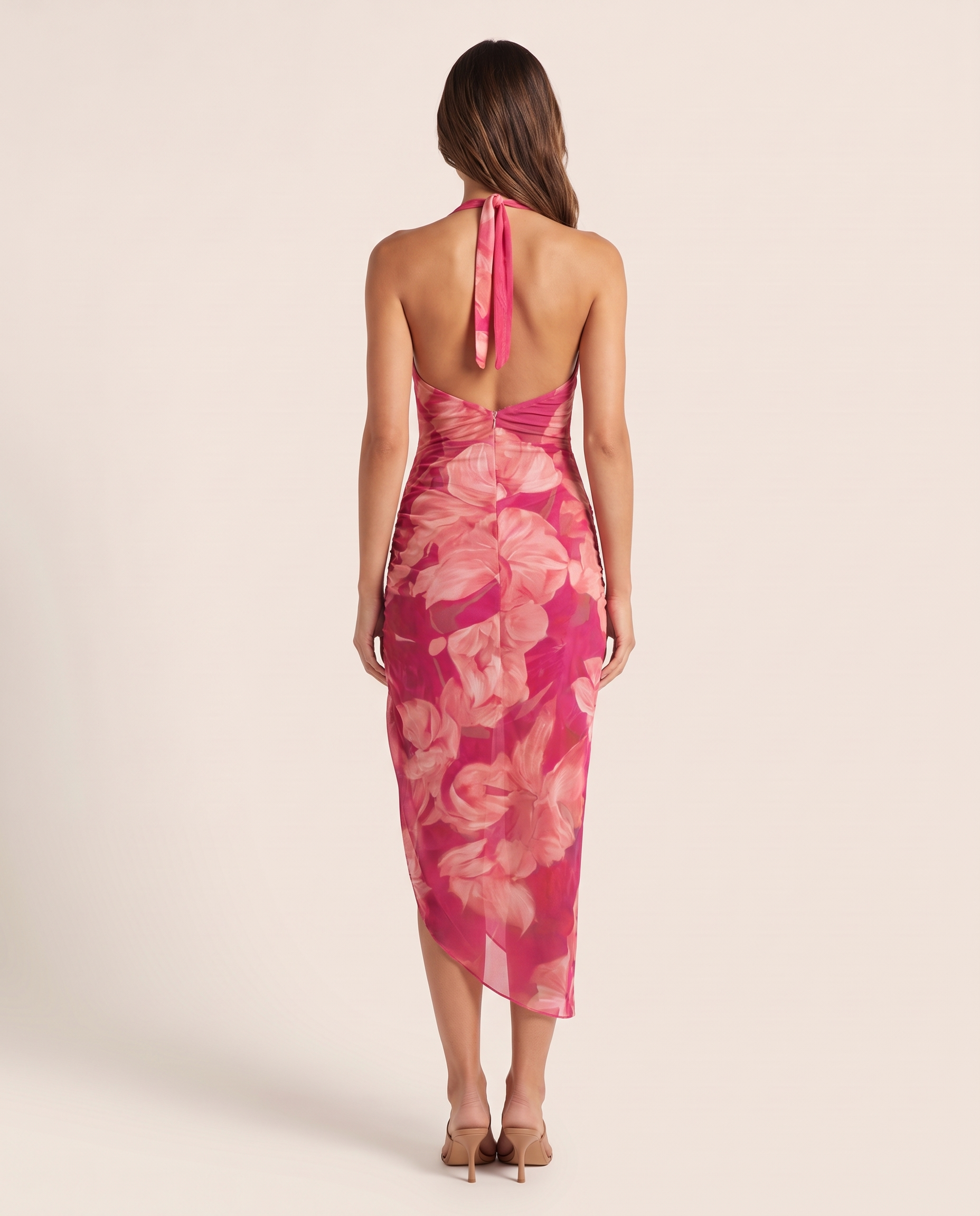Roxanne | Fuchsia Floral Bodycon Cocktail Dresses — Fuchsia — back view