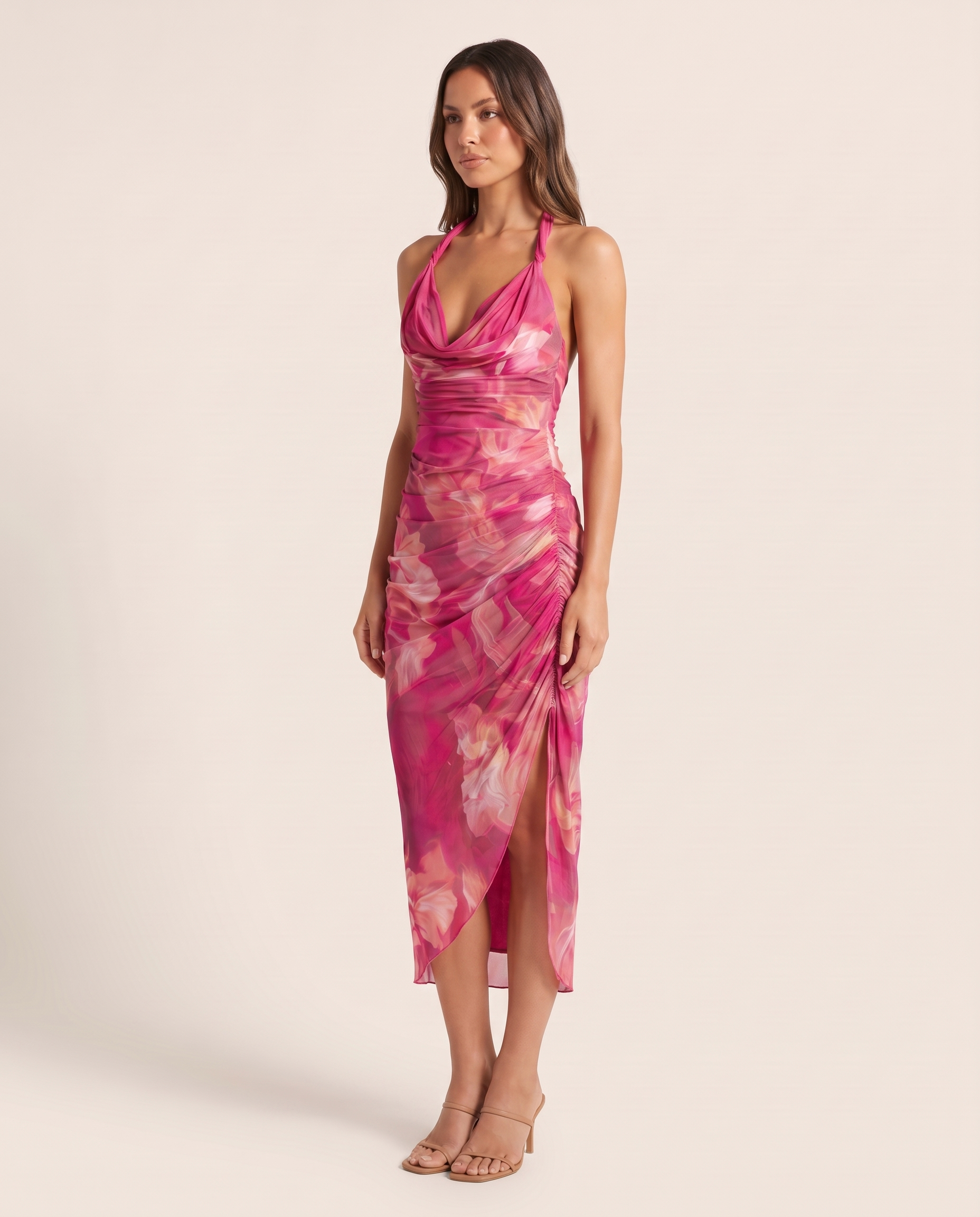 Roxanne | Fuchsia Floral Bodycon Cocktail Dresses — Fuchsia — studio three-quarter