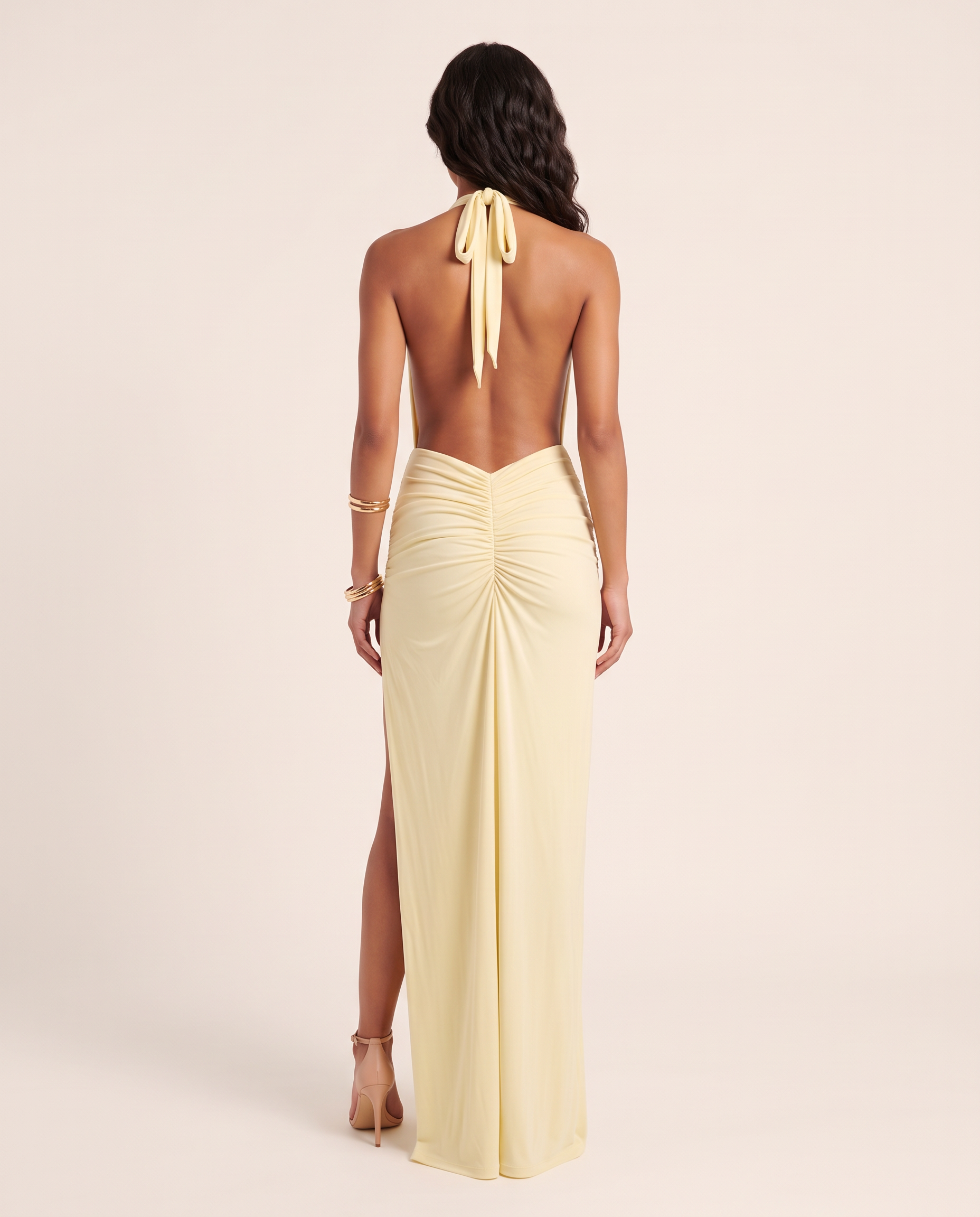 Ruched Halter Maxi Dress with Deep V Neck – alternate product view