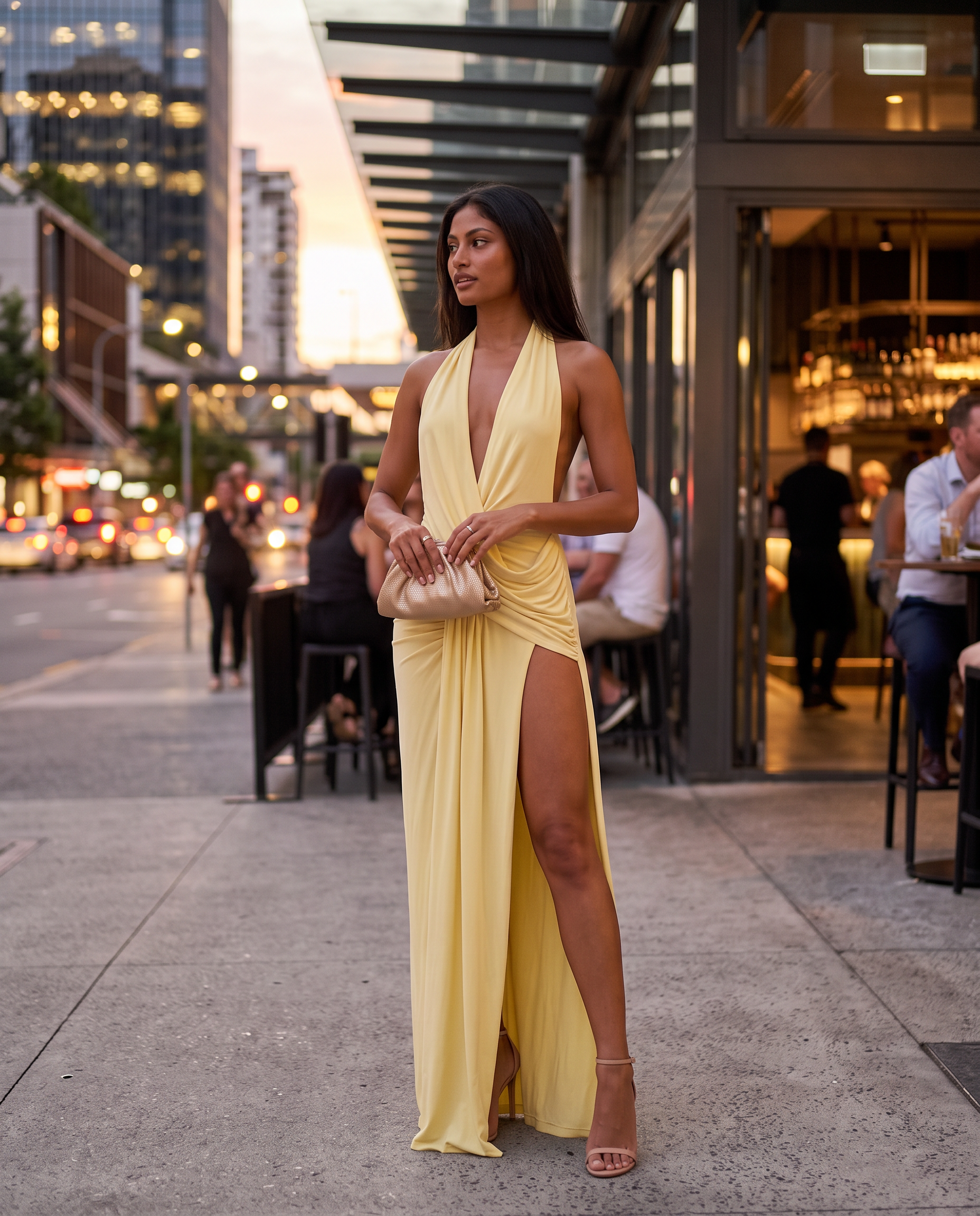 Ruched Halter Maxi Dress with Deep V Neck – product detail view 2