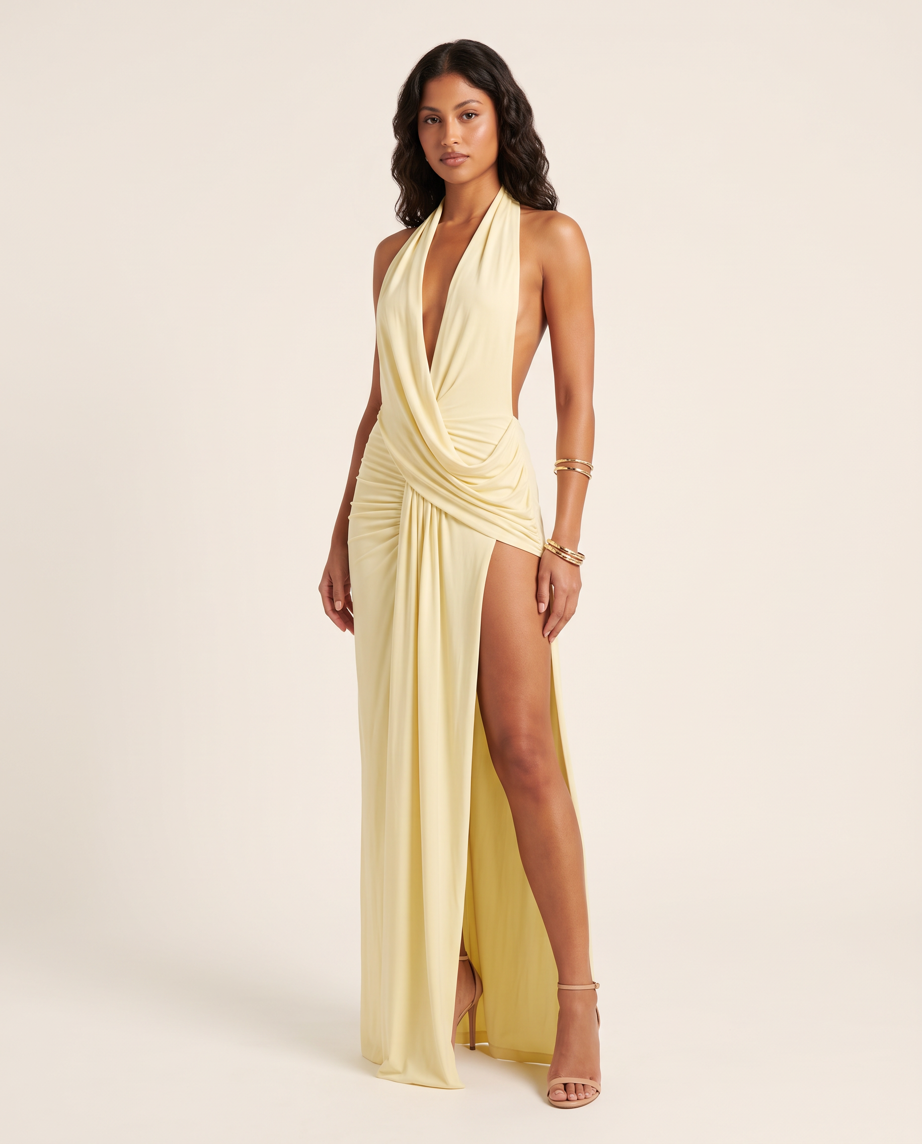 Ruched Halter Maxi Dress with Deep V Neck – primary product view