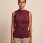 Ruched High Neck Tank Top with Pleated Body – Burgundy – variant