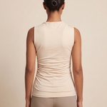 Ruched High Neck Tank Top with Pleated Body — full-length studio back view on a warm ivory seamless background