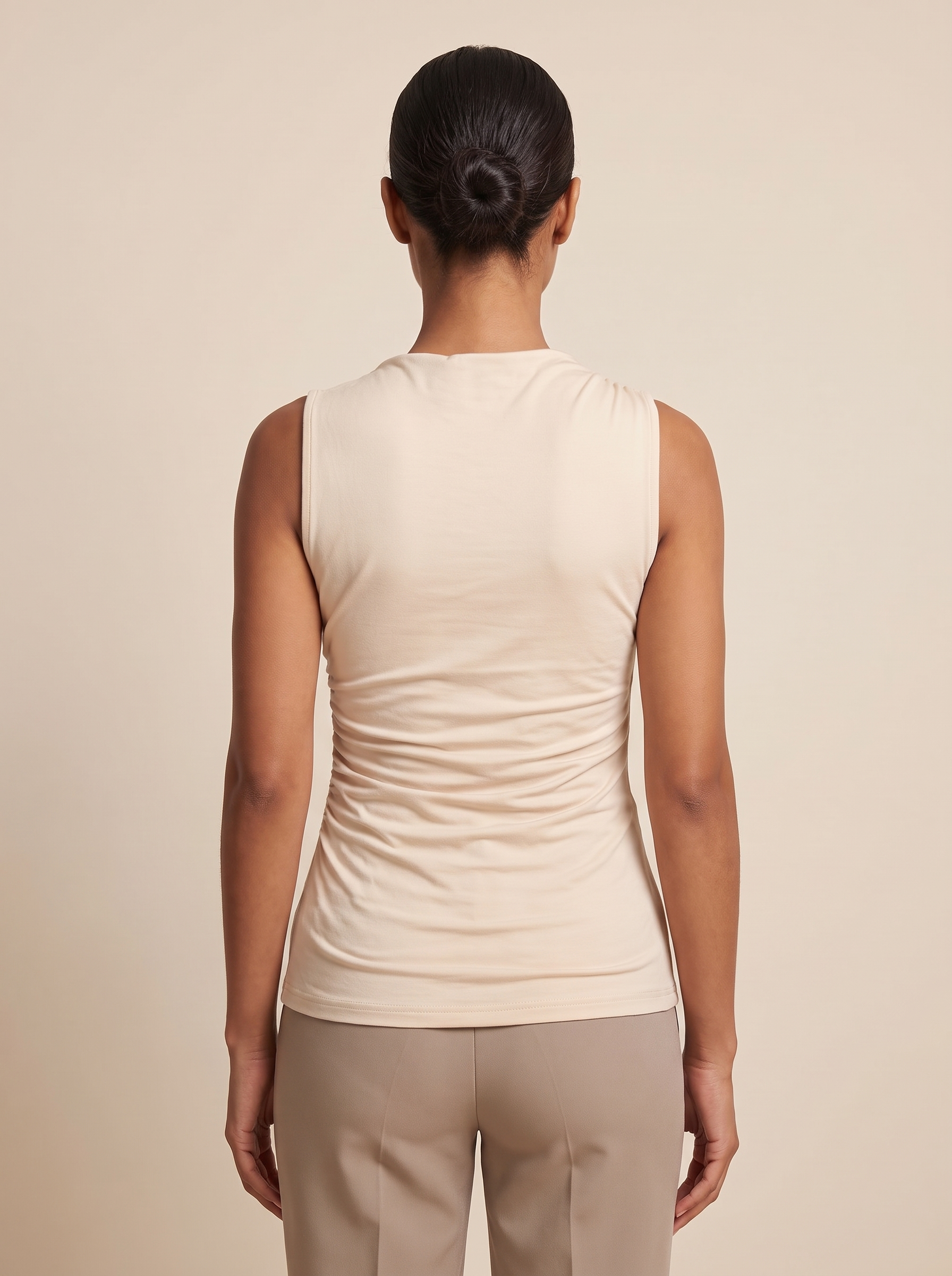 Ruched High Neck Tank Top with Pleated Body — full-length studio back view on a warm ivory seamless background
