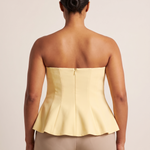 Ruffle Trim Bustier Top with Tube Neckline — full-length studio back view on a warm ivory seamless background
