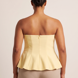 Ruffle Trim Bustier Top with Tube Neckline — full-length studio back view on a warm ivory seamless background