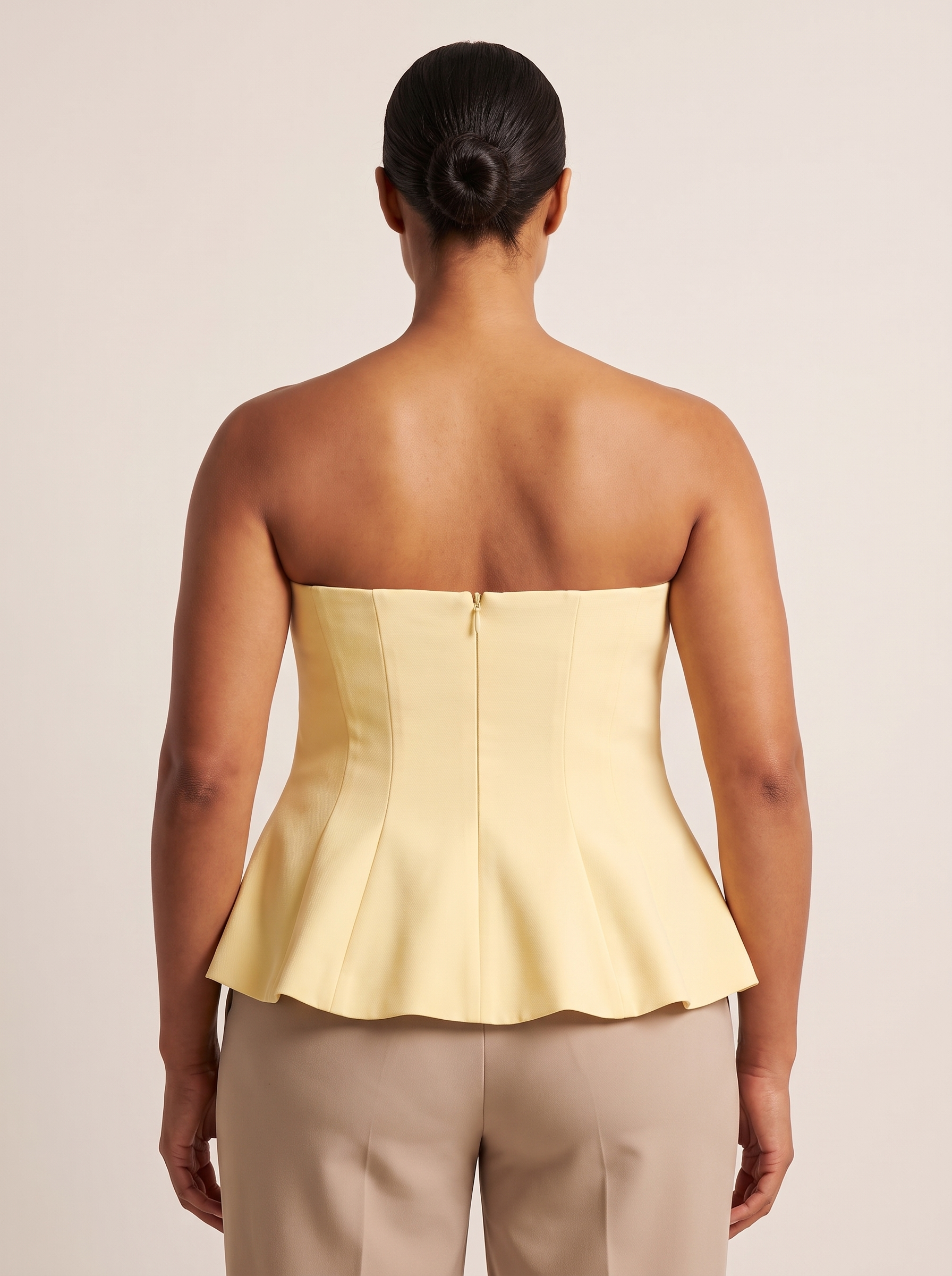 Ruffle Trim Bustier Top with Tube Neckline — full-length studio back view on a warm ivory seamless background