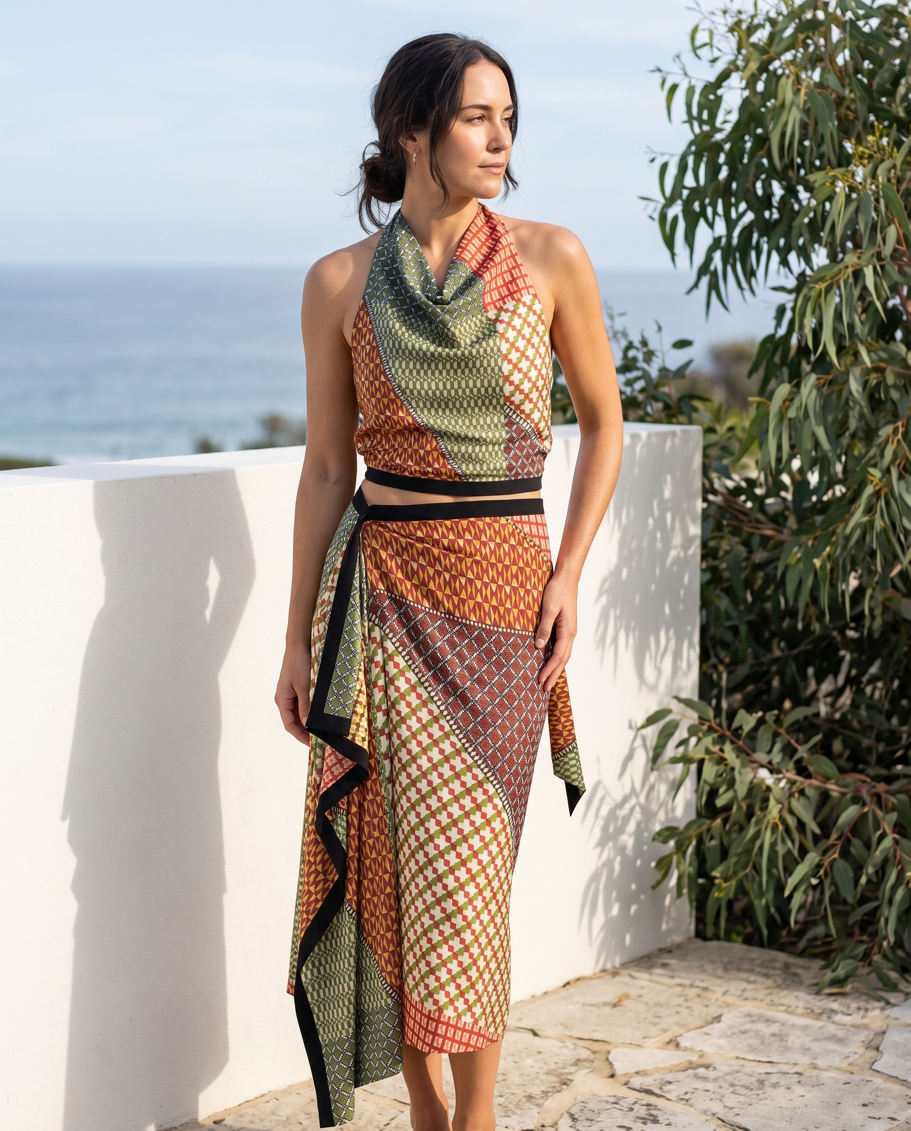 Santorini Halter Top and Wrap Midi Skirt Set – Australian lifestyle view
