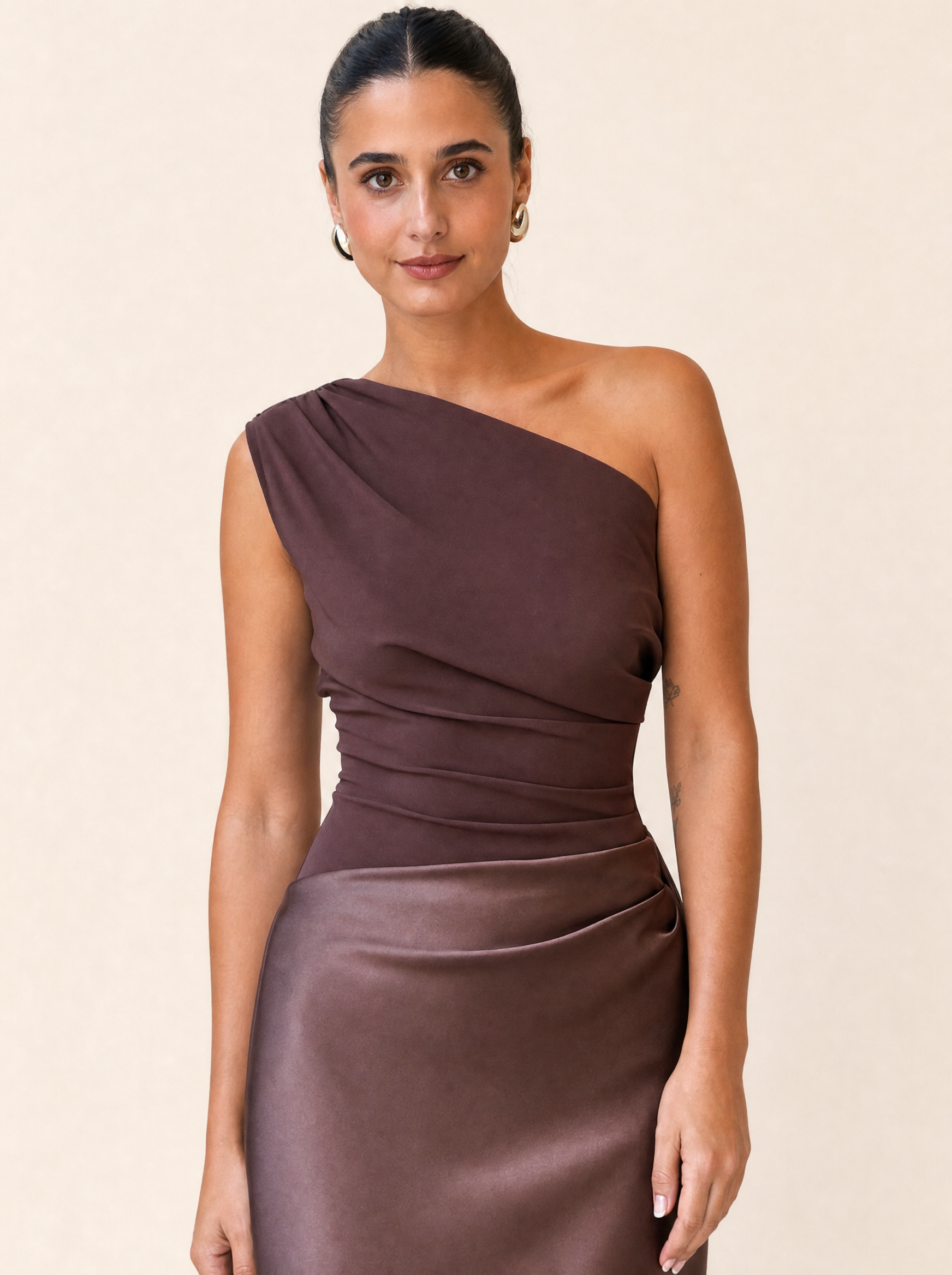 Satin One Shoulder Maxi Dress with Panelled Skirt – product detail view 1