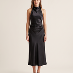Draped Cowl Neck Satin Midi Dress — Black front view
