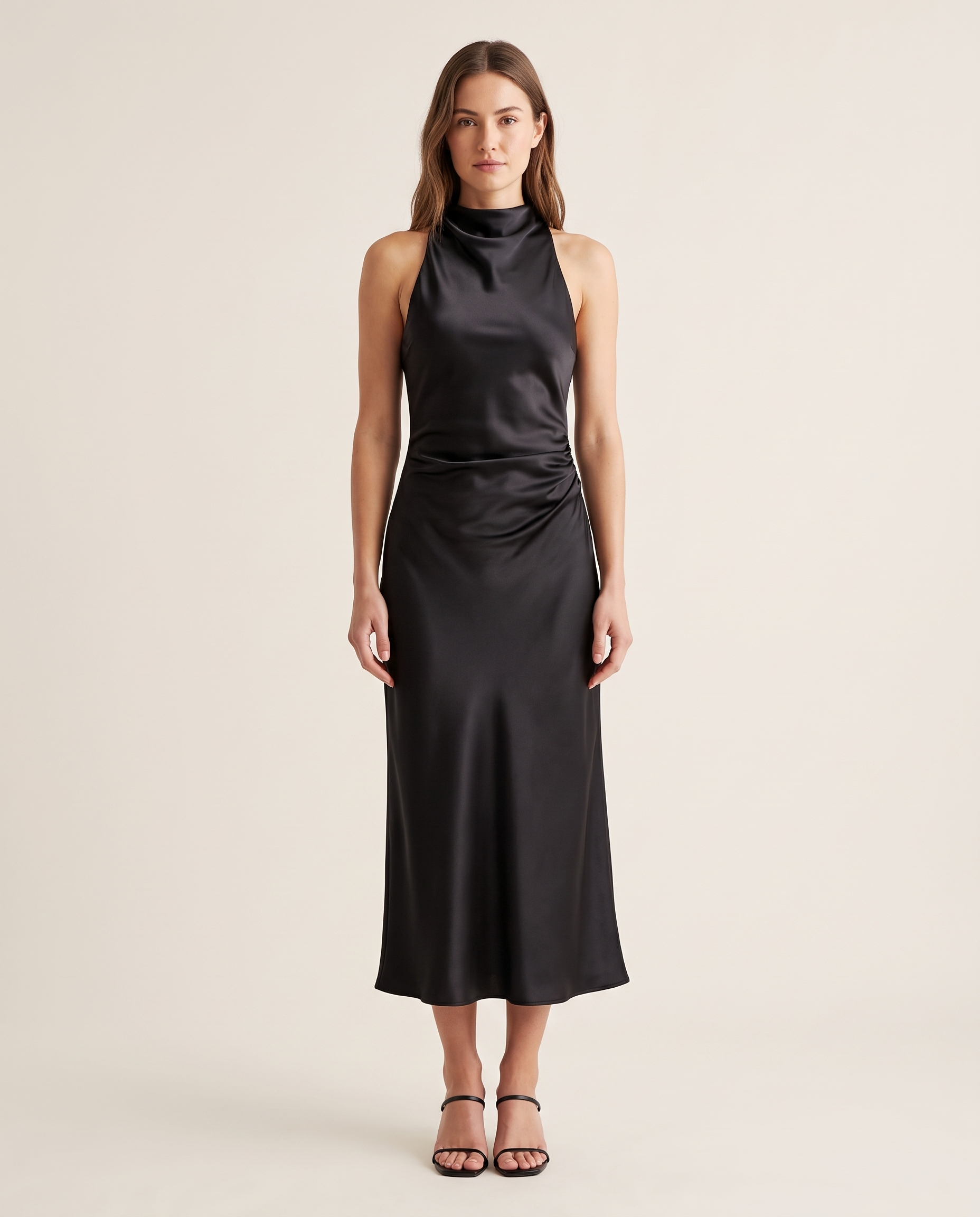 Draped Cowl Neck Satin Midi Dress — Black front view