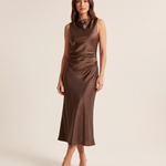 Draped Cowl Neck Satin Midi Dress — Chocolate front view