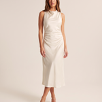 Draped Cowl Neck Satin Midi Dress — Ivory front view