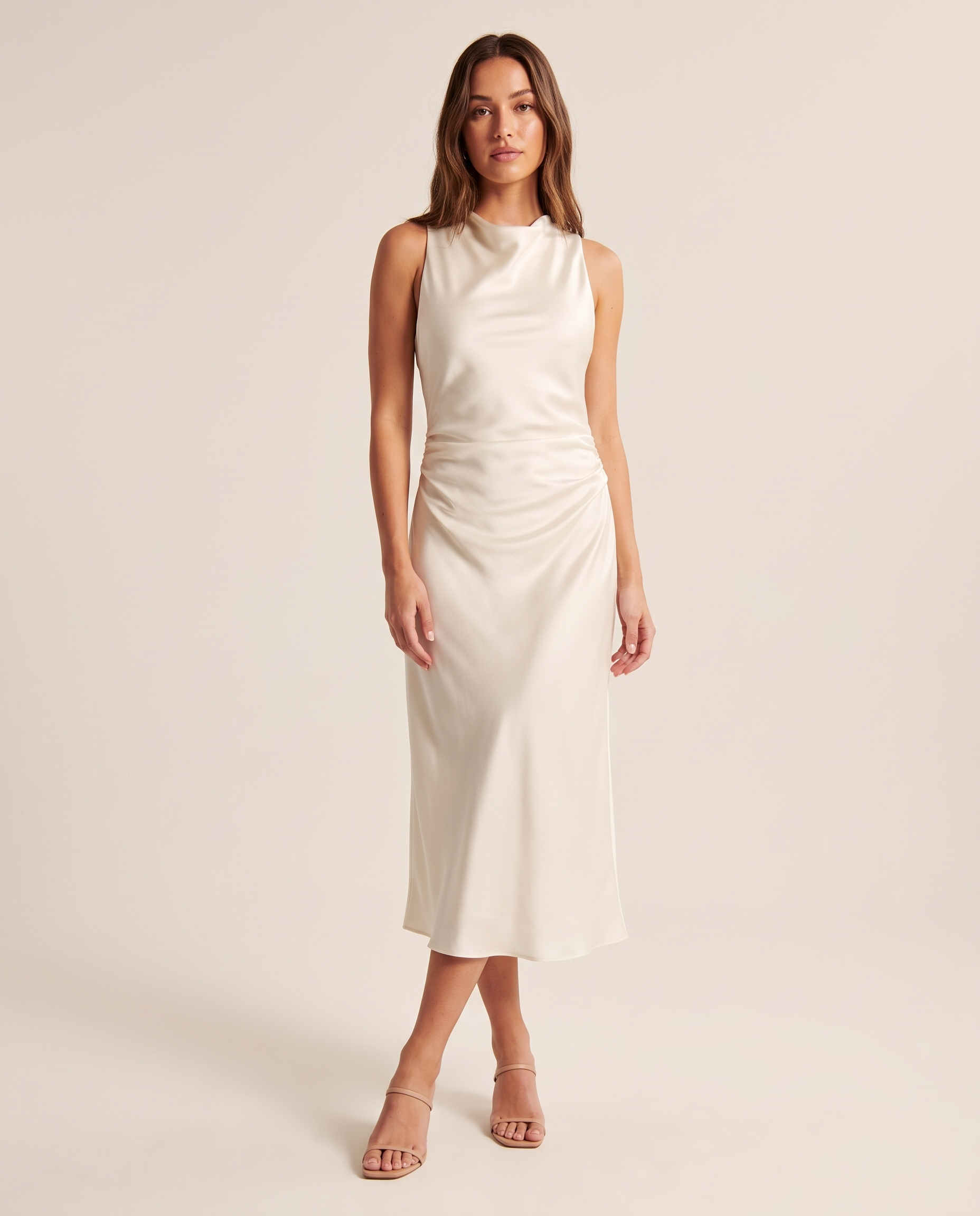 Draped Cowl Neck Satin Midi Dress — Ivory front view