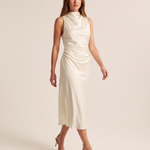 Draped Cowl Neck Satin Midi Dress — Ivory front silhouette