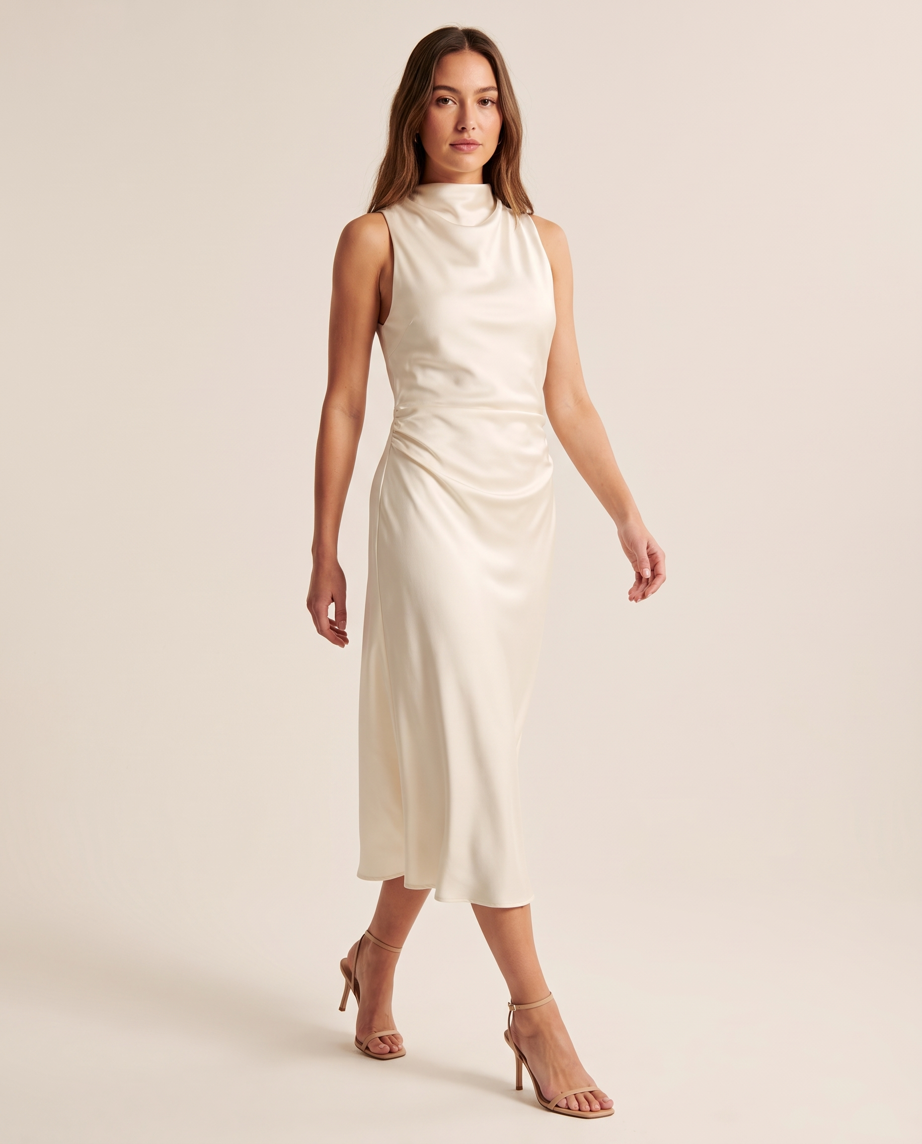 Draped Cowl Neck Satin Midi Dress — Ivory front silhouette