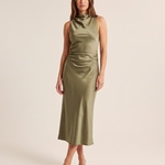 Draped Cowl Neck Satin Midi Dress — Olive front view
