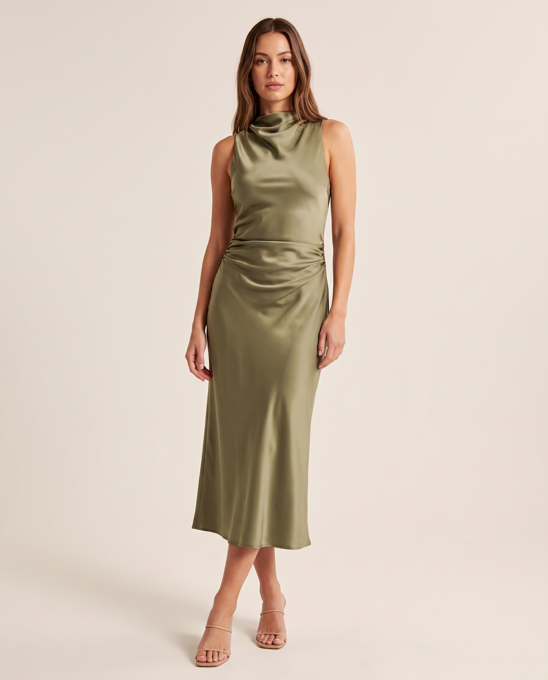 Draped Cowl Neck Satin Midi Dress — Olive front view