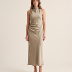 Draped Cowl Neck Satin Midi Dress — Taupe front view