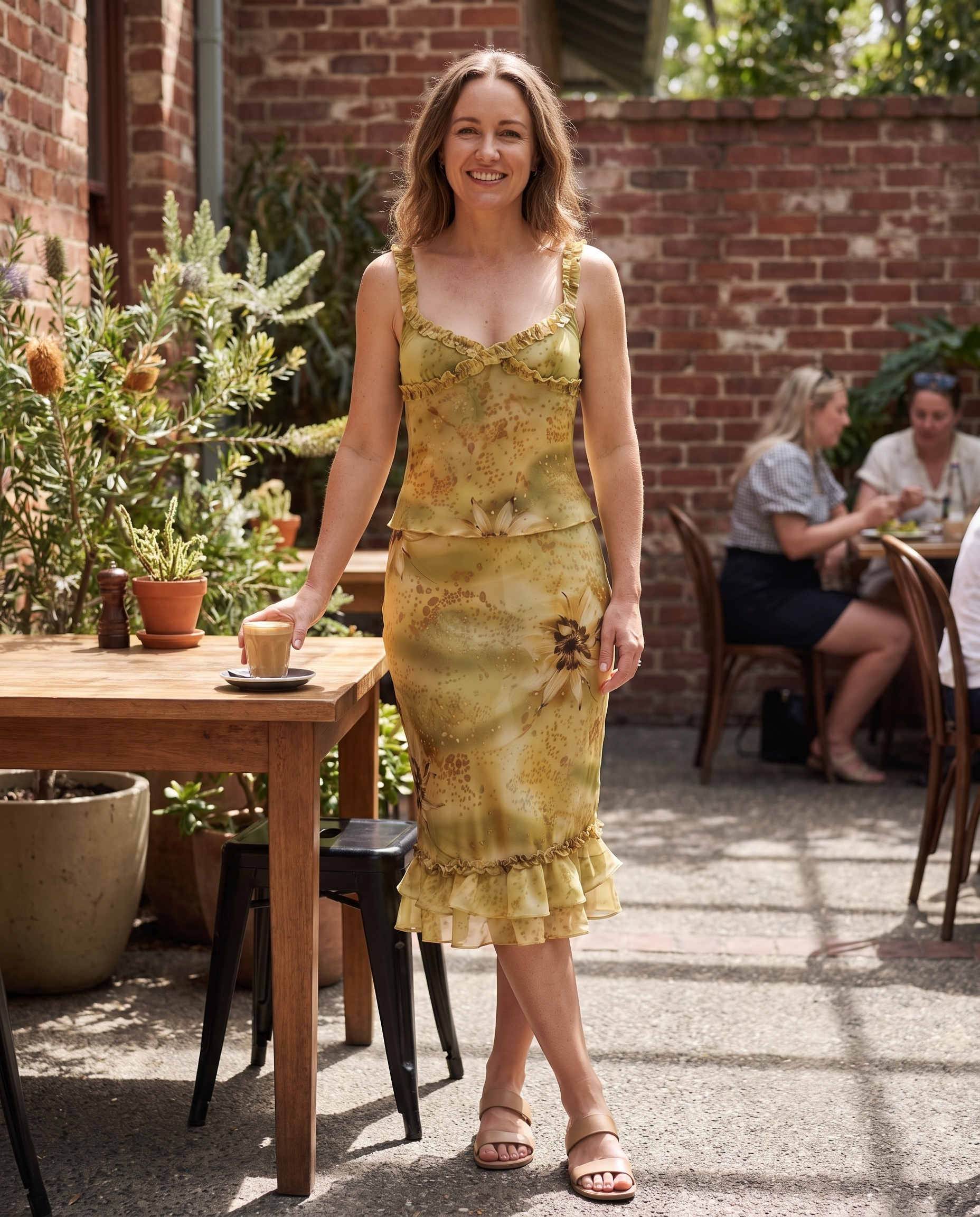 Sheer Ruffle Camisole and Midi Skirt Set styled for a garden café lunch