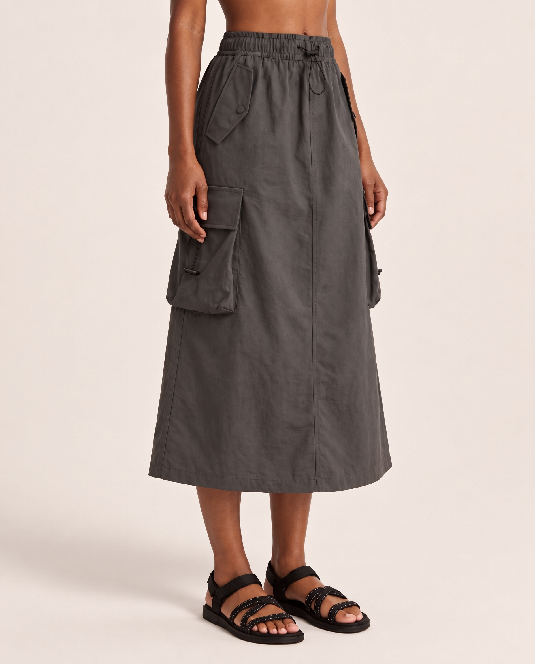 Grey A-Line Midi Skirt — grey three-quarter view