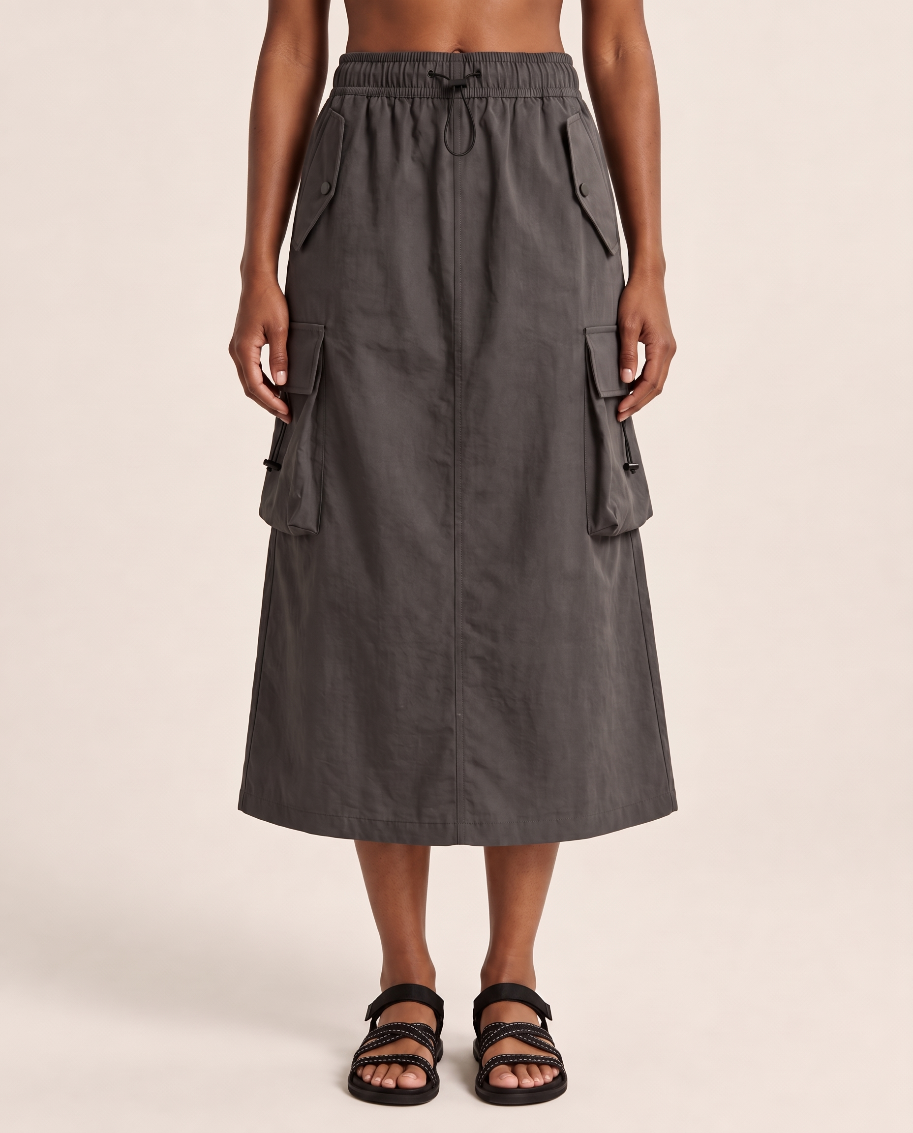 Grey A-Line Midi Skirt — grey front view