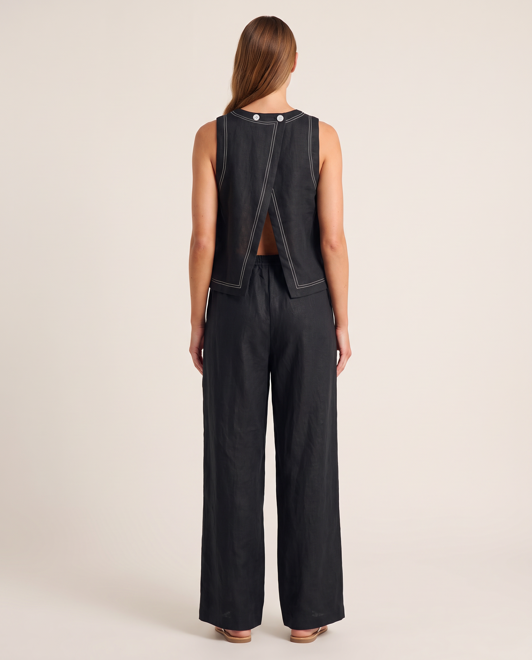 Sleeveless Vest and Wide-Leg Trouser Set — back view