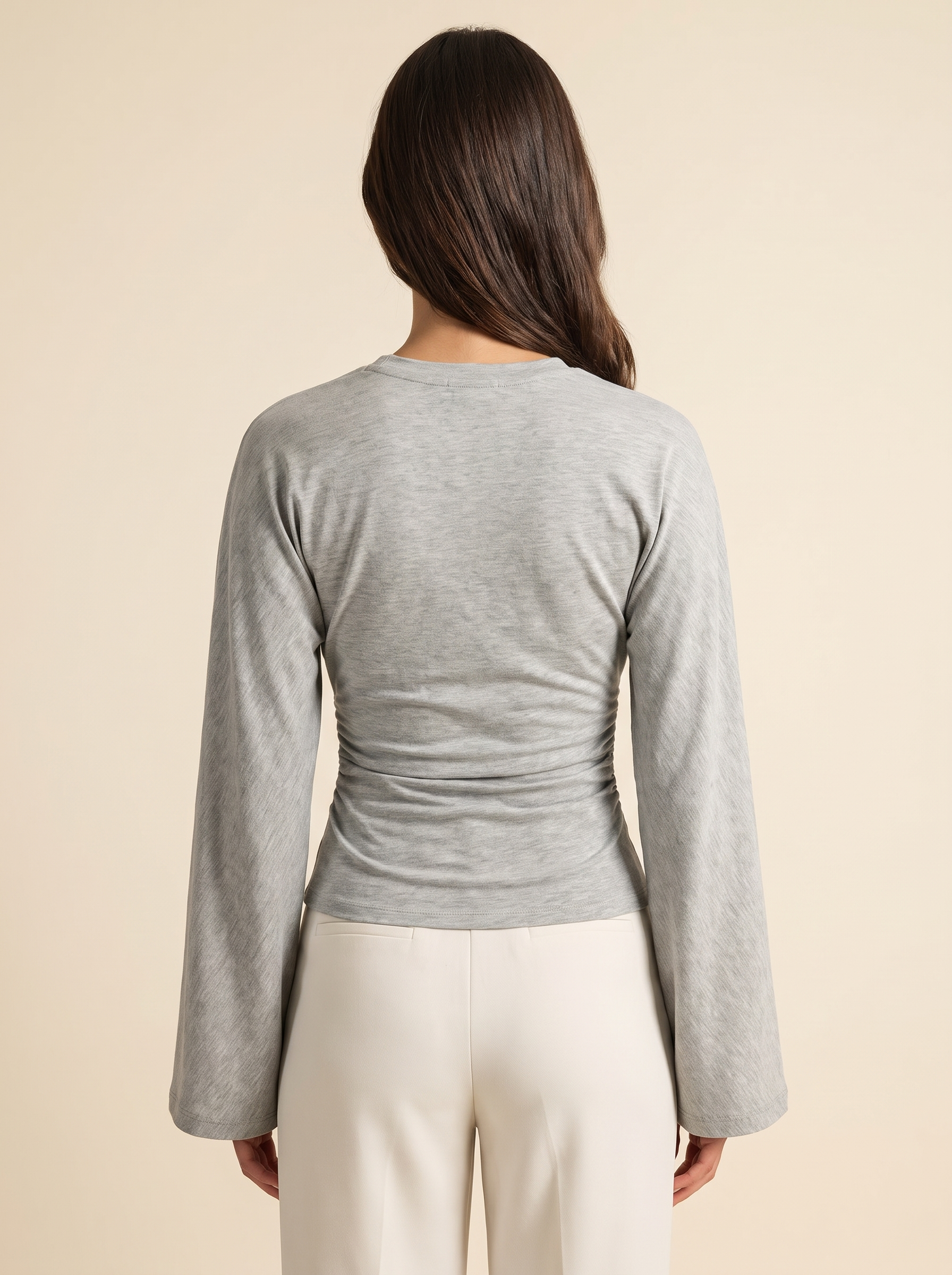 Slim Fit Long Sleeve Crop Top with Crew Neck — full-length studio back view on a warm ivory seamless background