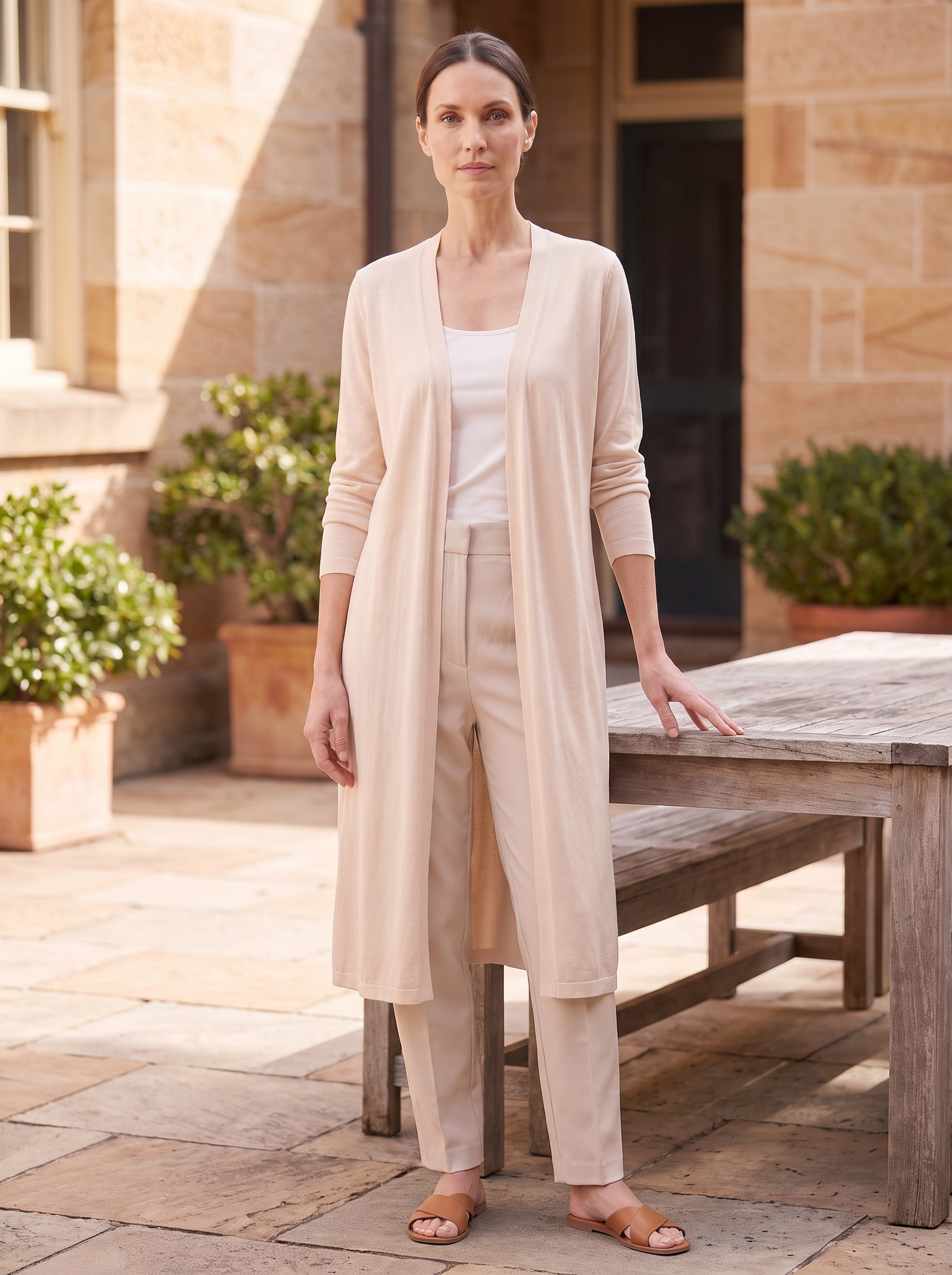 Soleil Longline Lightweight Knit Cardigan – Apricot – lifestyle, full feet in frame
