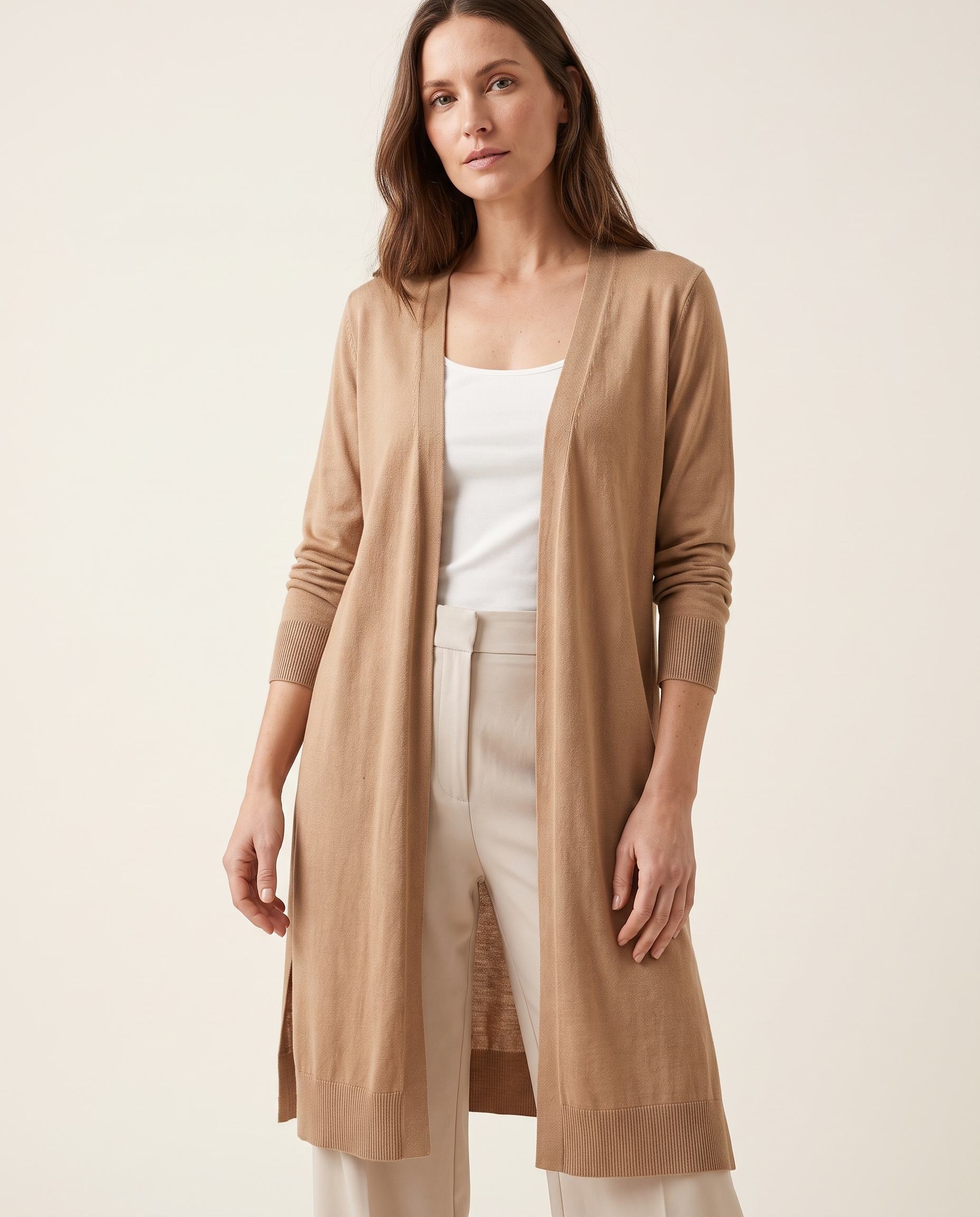 Soleil Longline Lightweight Knit Cardigan – studio front view