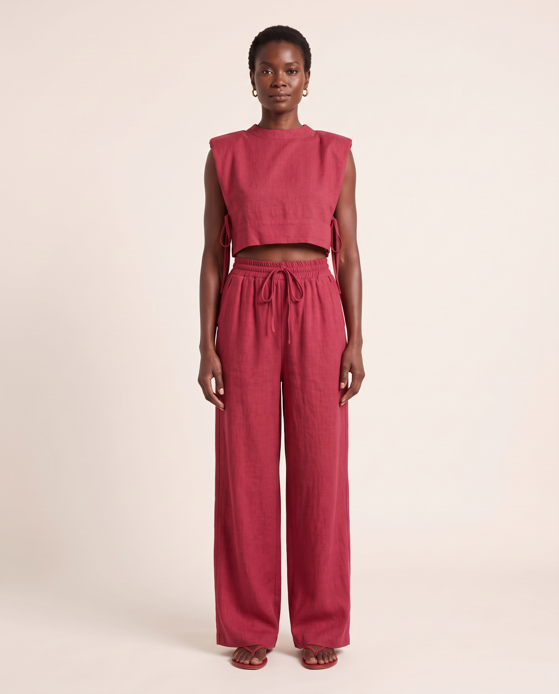 Solène Relaxed Linen Pant Set in Rose Red